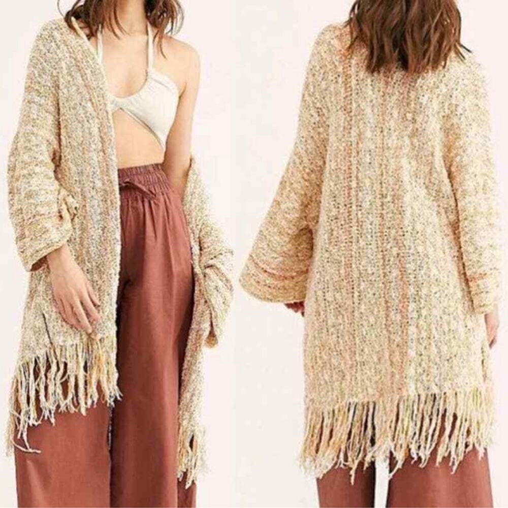 Free People Cream Multi-Color Fringe Open Cardigan